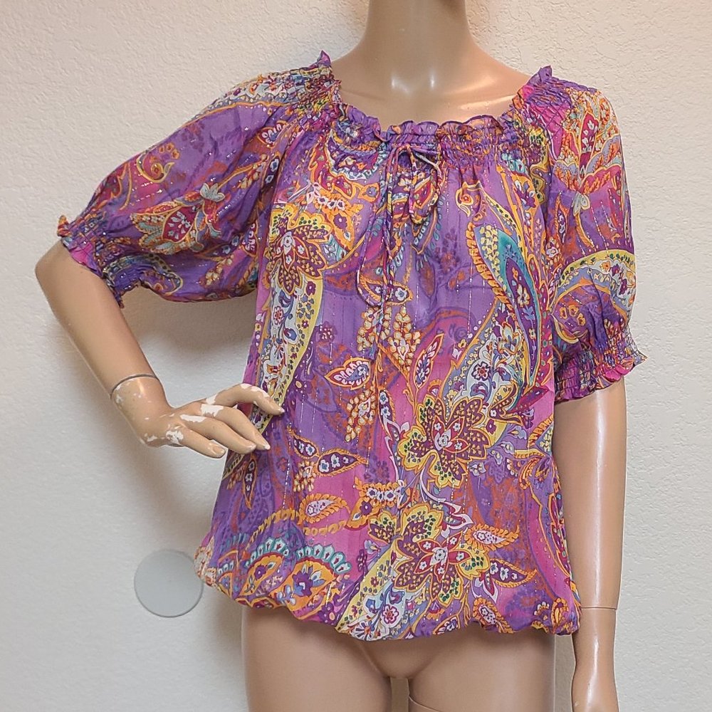 RALPH LAUREN sheer SILK METALLIC off-shoulder floral paisley smocked Boho top M